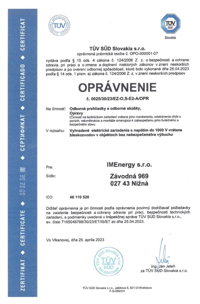 certifikát IME 1