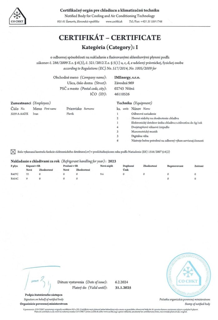 certifikát chladiaca a klimatizačná jednotka