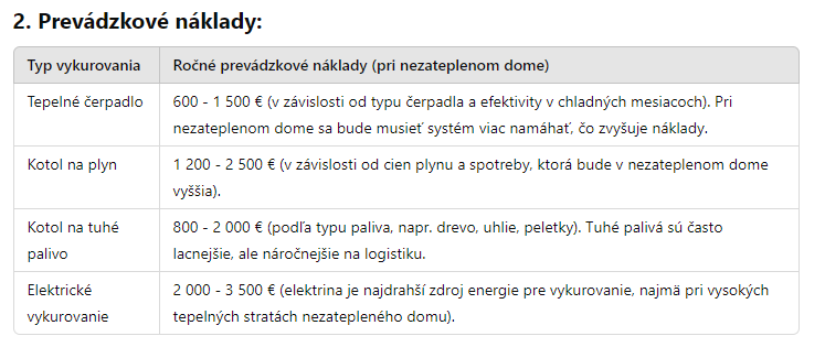 prevádzokvé náklady tepelného čerpadla v nezateplenom dome v porovnaní s inými typmi vykurovania