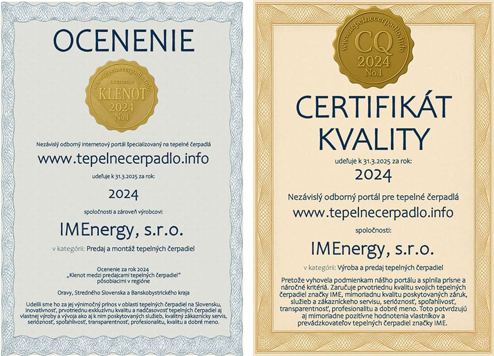 ocenenie a certifikát kvality pre spoločnosť IMEnergy